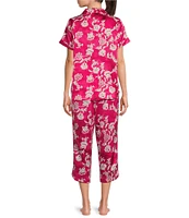 Cabernet Floral Print Short Sleeve Notch Collar Satin Capri Pajama Set