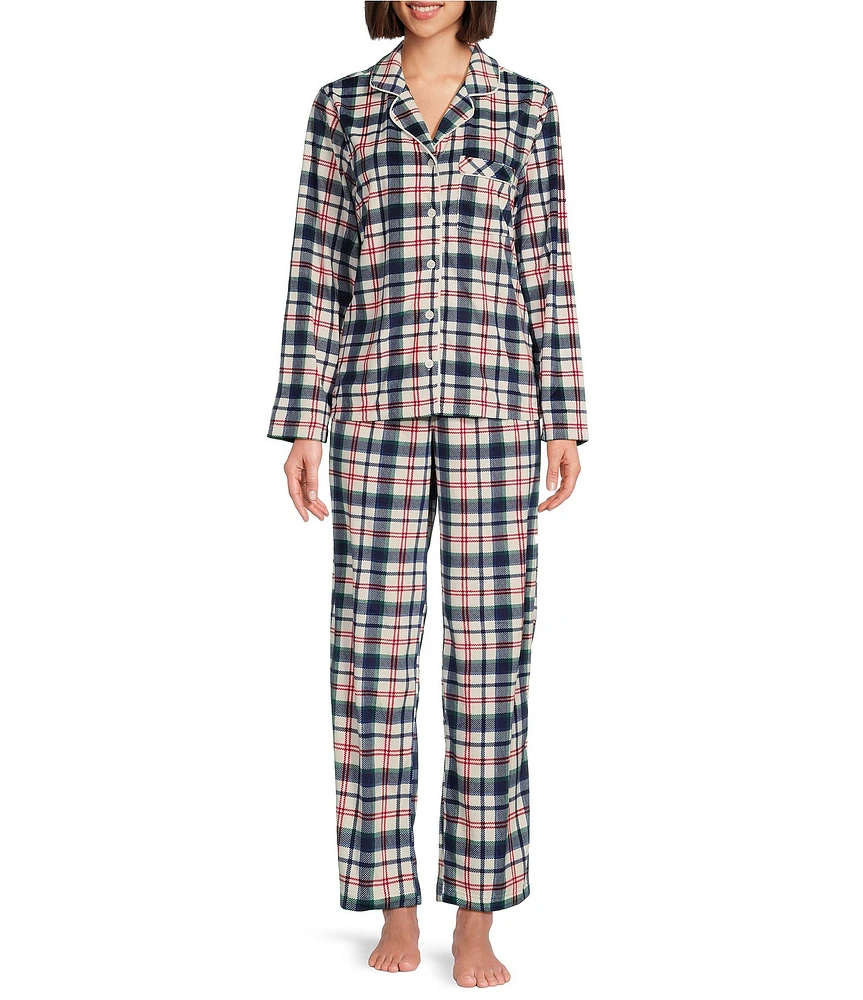 Cabernet Long Sleeve Notch Collar Plaid Print Fleece Pajama Set