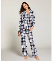 Cabernet Long Sleeve Notch Collar Plaid Print Fleece Pajama Set