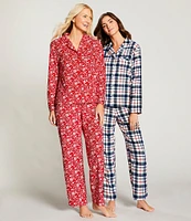 Cabernet Long Sleeve Notch Collar Plaid Print Fleece Pajama Set