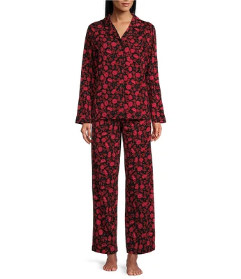 Cabernet Petite Size Floral Print Long Sleeve Notch Collar Coordinating Knit Pajama Set