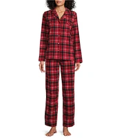 Cabernet Plaid Print Long Sleeve Notch Collar Coordinating Holiday Knit Pajama Set