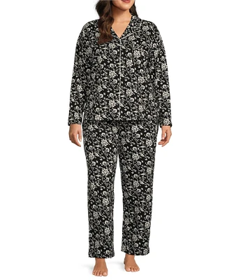 Cabernet Plus Size Floral Print Long Sleeve Notch Collar Coordinating Knit Pajama Set