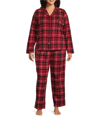 Cabernet Plus Size Plaid Print Long Sleeve Notch Collar Coordinating Holiday Knit Pajama Set