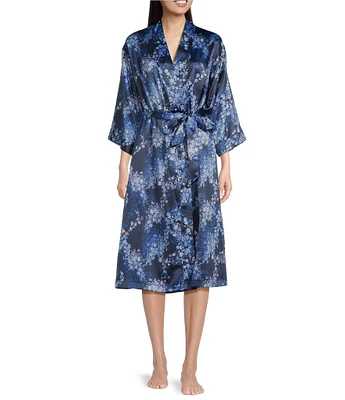 Cabernet Satin 3/4 Sleeve Coordinating Floral Wrap Robe