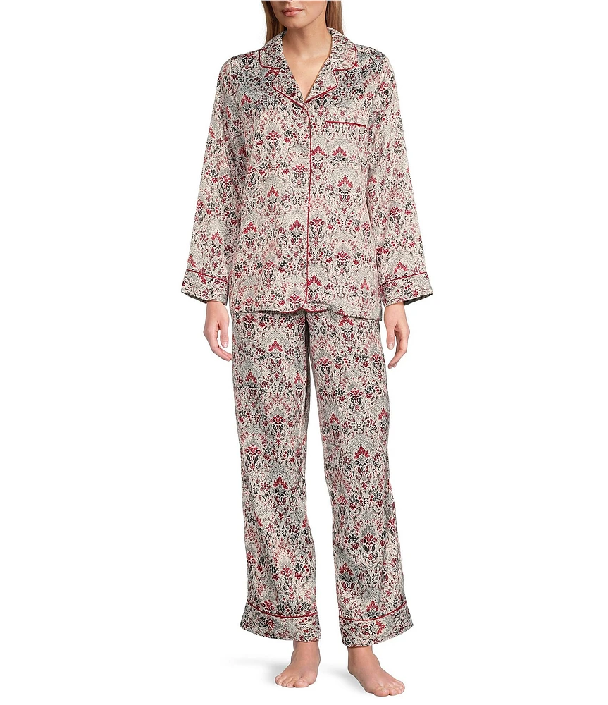 Cabernet Satin Damask Print Long Sleeve Notch Collar Pajama Set