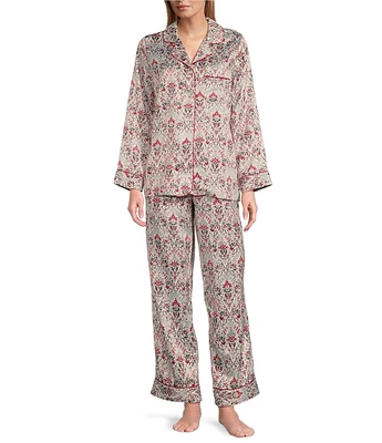 Cabernet Satin Damask Print Long Sleeve Notch Collar Pajama Set