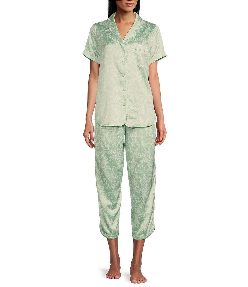 Cabernet Satin Floral Print Short Sleeve Notch Collar & Pant Pajama Set