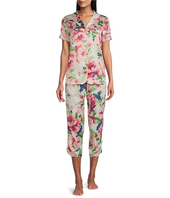 Cabernet Satin Floral Print Short Sleeve Notch Collar & Pant Pajama Set