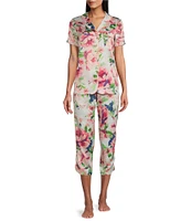 Cabernet Satin Floral Print Short Sleeve Notch Collar Button Front Top & Pant Pajama Set