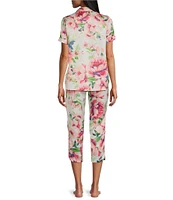 Cabernet Satin Floral Print Short Sleeve Notch Collar Button Front Top & Pant Pajama Set