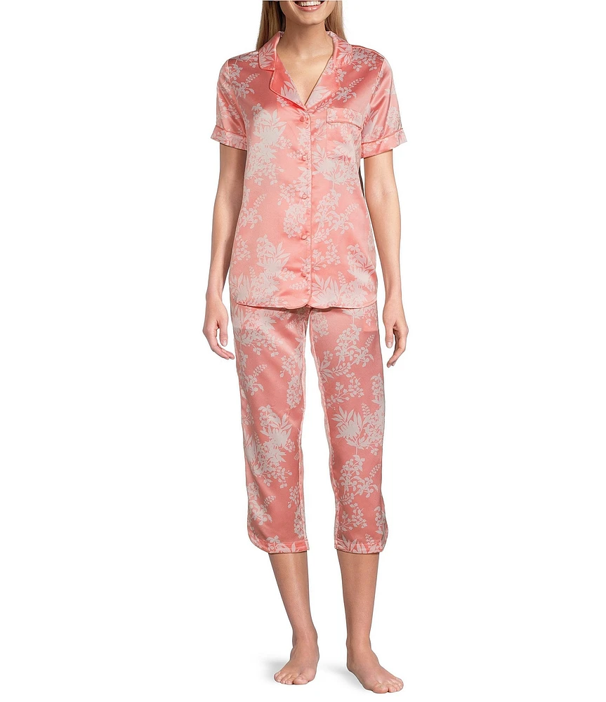 Cabernet Satin Floral Print Short Sleeve Notch Collar & Pant Pajama Set