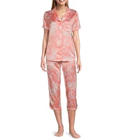 Cabernet Satin Floral Print Short Sleeve Notch Collar & Pant Pajama Set