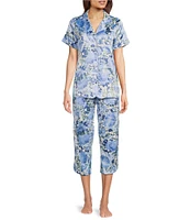 Cabernet Satin Floral Short Sleeve Notch Collar Capri Pajama Set