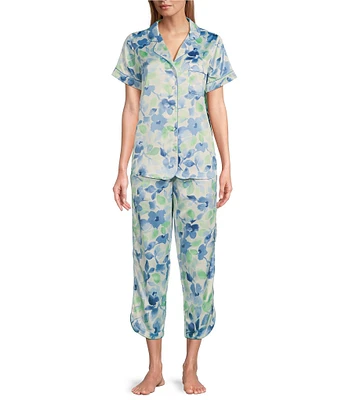 Cabernet Satin Floral Short Sleeve Button Front Notch Collar Capri Pajama Set