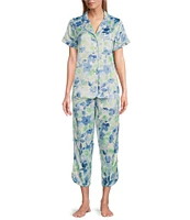 Cabernet Satin Floral Short Sleeve Button Front Notch Collar Capri Pajama Set