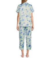 Cabernet Satin Floral Short Sleeve Button Front Notch Collar Capri Pajama Set