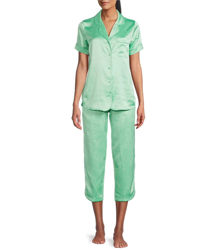 Cabernet Satin Leafy Print Short Sleeve Notch Collar Capri Pajama Set