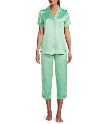 Cabernet Satin Leafy Print Short Sleeve Notch Collar Capri Pajama Set