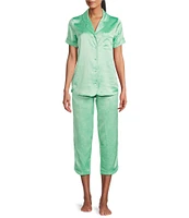 Cabernet Satin Leafy Print Short Sleeve Notch Collar Capri Pajama Set