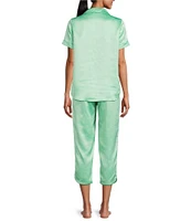 Cabernet Satin Leafy Print Short Sleeve Notch Collar Capri Pajama Set