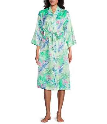 Cabernet Satin Tropical Print 3/4 Sleeve Coordinating Wrap Robe