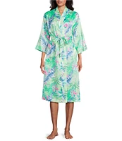 Cabernet Satin Tropical Print 3/4 Sleeve Coordinating Wrap Robe
