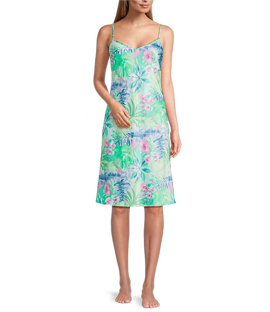 Cabernet Satin Tropical Print Sleeveless V-Neck Chemise