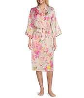 Cabernet Woven Satin Floral Bouquet 3/4 Sleeve Short Wrap Robe