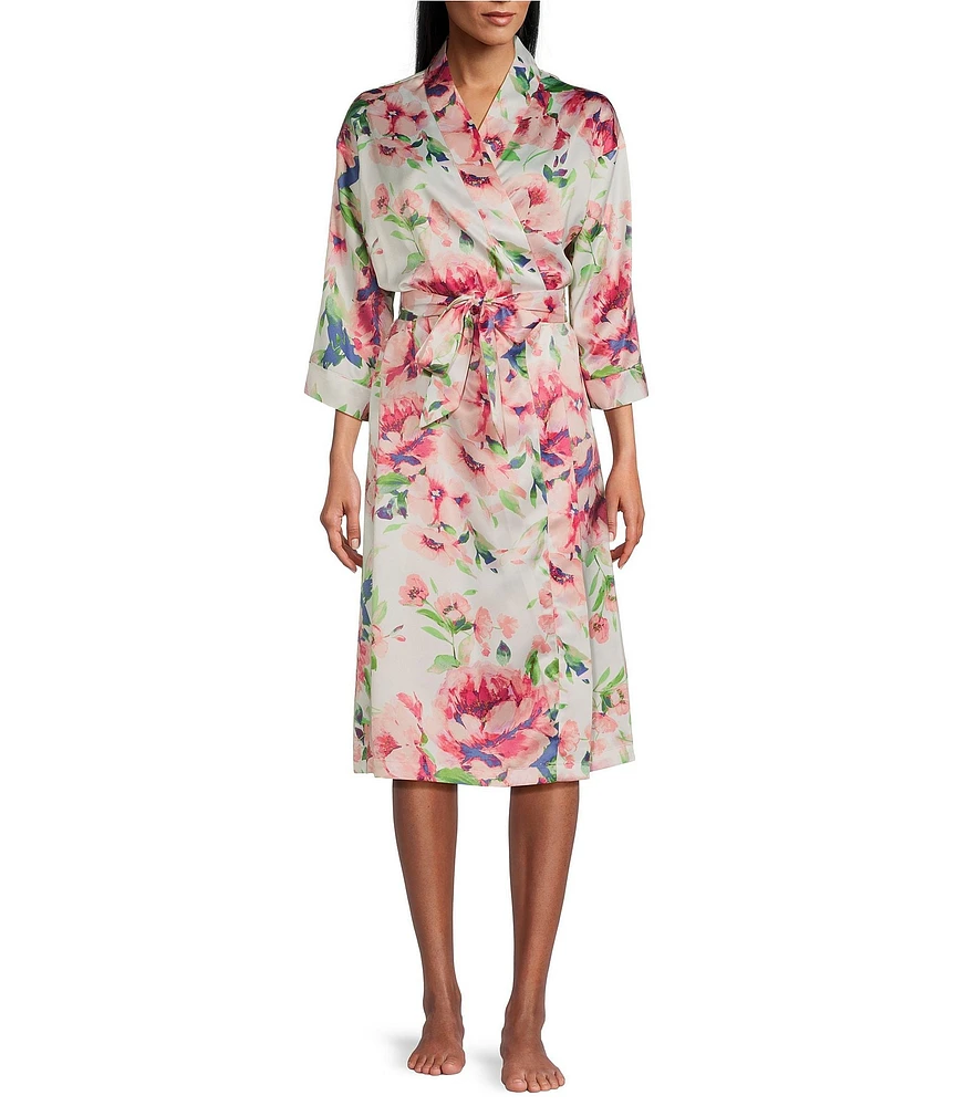 Cabernet Woven Satin Floral Shawl Collar 3/4 Kimono Sleeve Tie Waist Short Robe