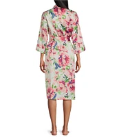 Cabernet Woven Satin Floral Shawl Collar 3/4 Kimono Sleeve Tie Waist Short Robe
