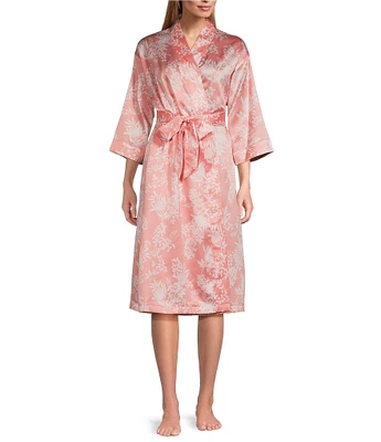 Cabernet Woven Satin Floral Print Shawl Collar 3/4 Kimono Sleeve Tie Waist Short Robe