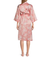 Cabernet Woven Satin Floral Print Shawl Collar 3/4 Kimono Sleeve Tie Waist Short Robe