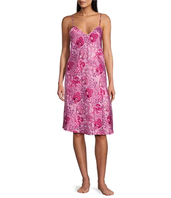 Cabernet Woven Satin Floral Print Sleeveless V-Neck Chemise