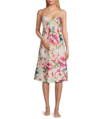 Cabernet Woven Satin Floral Print Sleeveless V-Neck Midi Chemise