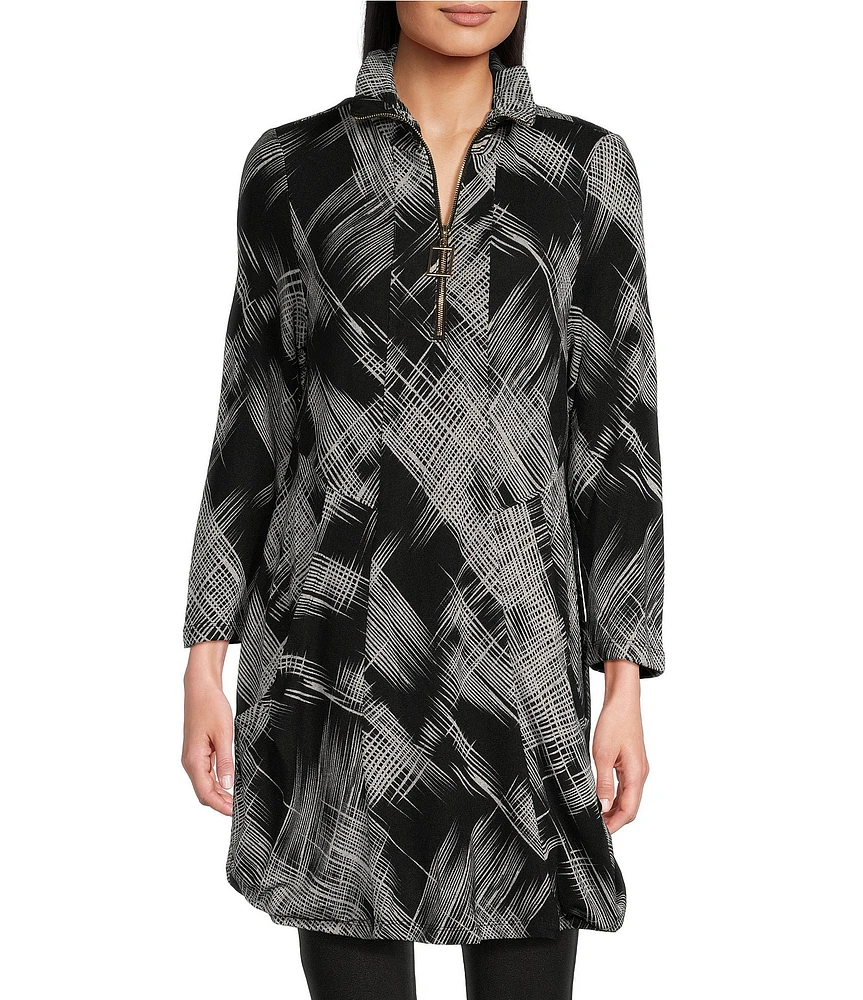 Calessa Abstract Brushstroke Print Ruffled Wire Collar 3/4 Sleeve Quarter Zip Velvet Knit Tunic