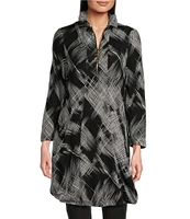 Calessa Abstract Brushstroke Print Ruffled Wire Collar 3/4 Sleeve Quarter Zip Velvet Knit Tunic