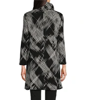 Calessa Abstract Brushstroke Print Ruffled Wire Collar 3/4 Sleeve Quarter Zip Velvet Knit Tunic