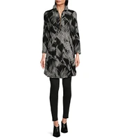 Calessa Abstract Brushstroke Print Ruffled Wire Collar 3/4 Sleeve Quarter Zip Velvet Knit Tunic