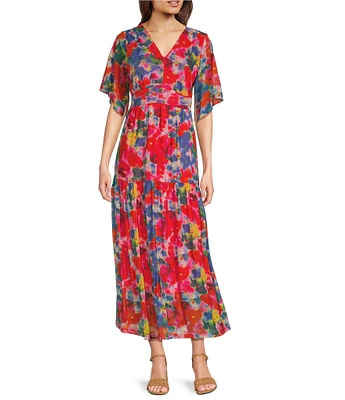 Calessa Abstract Brushstroke Print V-Neck Short Sleeve Empire Waist Maxi Dress