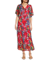 Calessa Abstract Brushstroke Print V-Neck Short Sleeve Empire Waist Maxi Dress