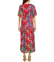 Calessa Abstract Brushstroke Print V-Neck Short Sleeve Empire Waist Maxi Dress