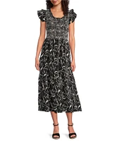 Calessa Abstract Floral Scoop Neck Cap Sleeve A-Line Midi Dress