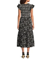 Calessa Abstract Floral Scoop Neck Cap Sleeve A-Line Midi Dress