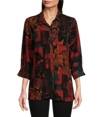 Calessa Abstract Graffiti Print Collared 3/4 Sleeve Top