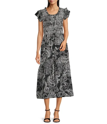Calessa Abstract Paisley Scoop Neck Ruffle Cap Sleeve Midi Dress