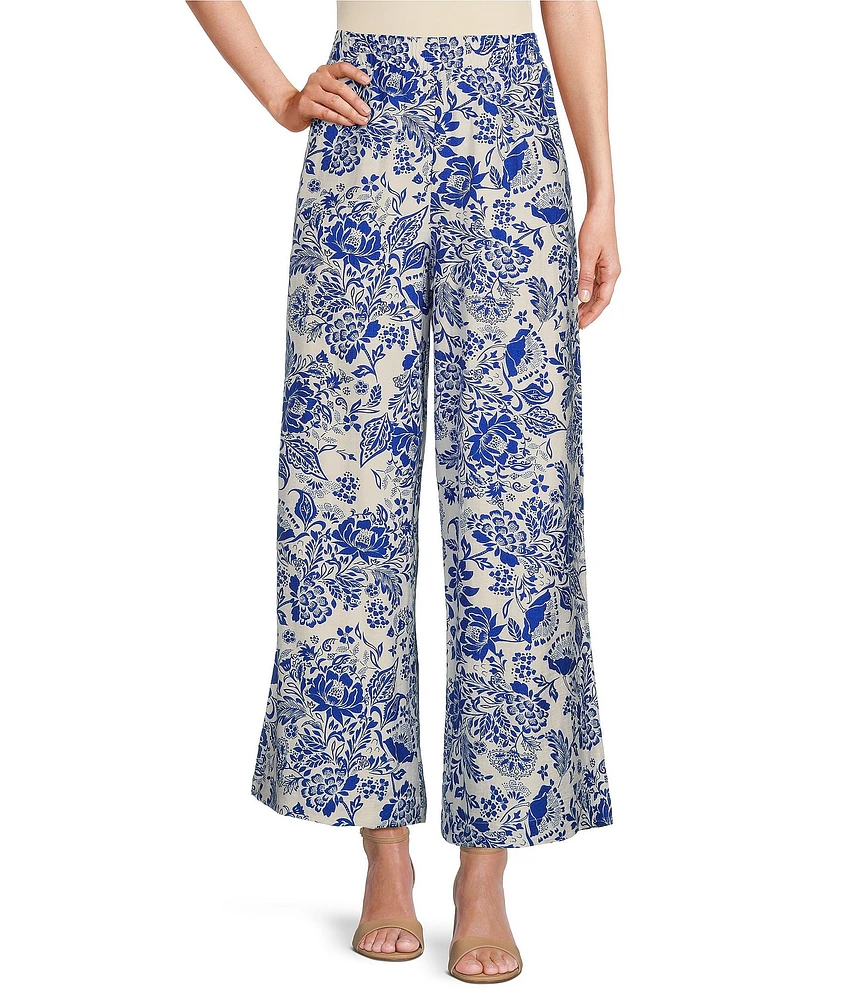 Calessa Coordinating Antique Floral Wide Leg Pull-On Pants