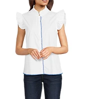 Calessa Banded Collar Ruffle Cap Sleeve Embroidered Contrast Trim Top
