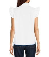 Calessa Banded Collar Ruffle Cap Sleeve Embroidered Contrast Trim Top