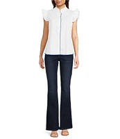 Calessa Banded Collar Ruffle Cap Sleeve Embroidered Contrast Trim Top